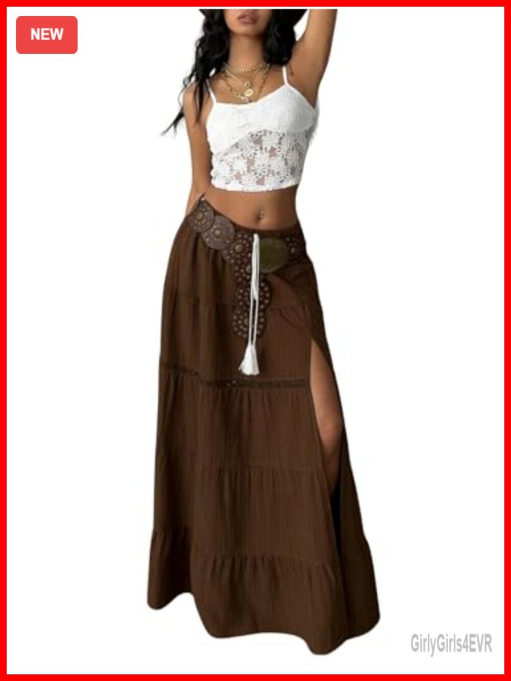 Verdusa Women's Maxi Skirt Boho Lace Ruffle High Slit Layered Western